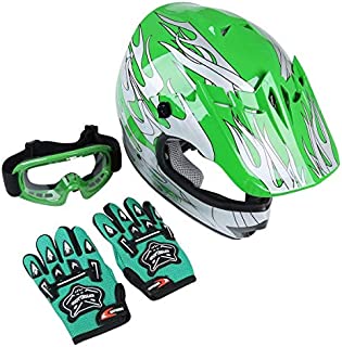 TCT-MT DOT Youth Kids Helmet w/Goggles+Gloves Motocross Green Flame Dirt Bike Full Face Helmet Offroad ATV Helmets+Gloves Goggles Motobike S~XL (Large)