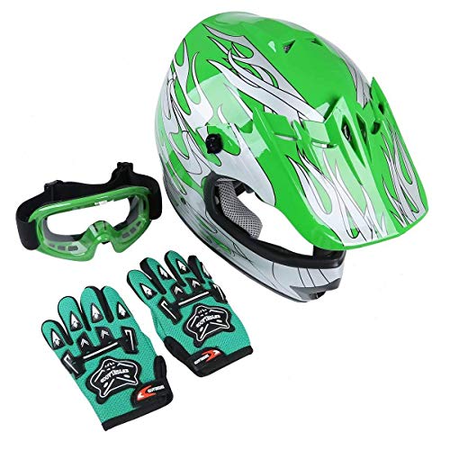 TCT-MT DOT Youth Kids Helmet w/Goggles+Gloves Motocross Green Flame Dirt Bike Full Face Helmet Offroad ATV Helmets+Gloves Goggles Motobike S~XL (Large)