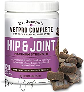 VetPro Complete Glucosamine for Dogs Hip & Joint Care - Maximum Strength Soft Chews with Chondroitin, MSM, Turmeric, Vitamin C, Omega 3 - Treats Hip Dysplasia, Arthritis, Pain - 120 Chicken Flavor