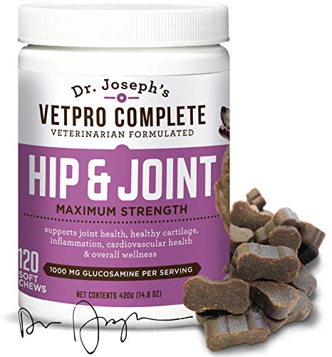 VetPro Complete Glucosamine for Dogs Hip & Joint Care - Maximum Strength Soft Chews with Chondroitin, MSM, Turmeric, Vitamin C, Omega 3 - Treats Hip Dysplasia, Arthritis, Pain - 120 Chicken Flavor