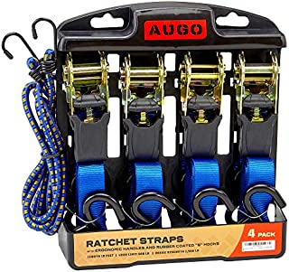 Ratchet Tie Down Straps - 4 Pk - 15 Ft- 500 Lbs Load Cap- 1500 Lb Break Strength- Cambuckle Alternative- Cargo Straps for Moving Appliances, Lawn Equipment, Motorcycle - Includes 2 Bungee Cord