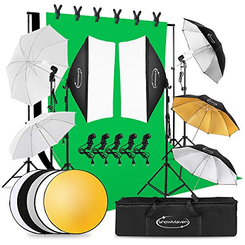 ShowMaven Lighting Kit Photography, 6.5ft x 10ft Background Support System and Umbrellas Softbox Continuous Lighting Kit for Photo Studio Product, Portrait and Video Shoot Photography