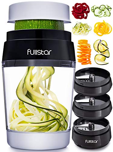 Fullstar Vegetable Spiralizer Vegetable Slicer - 6 in 1 Zucchini Spaghetti Maker Zoodle Maker Veggie Spiralizer Adjustable Handheld Spiralizer Zucchini Noodle Maker Zucchini Spiralizer with Container