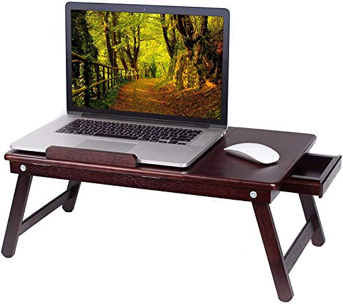 BIRDROCK HOME Bamboo Laptop Bed Lap Tray - Multi-Position Adjustable Tilt Surface - Pull Down Legs - Storage Drawer - Great for Computer iPad Book Coloring Stand - Espresso