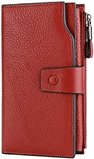 Itslife Women's RFID Blocking Large Capacity Luxury Wax Genuine Leather Cluth Wallet Card Holder Ladies Purse (Natural Red RFID BLOCKING)