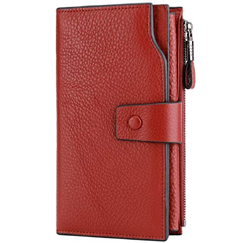 Itslife Women's RFID Blocking Large Capacity Luxury Wax Genuine Leather Cluth Wallet Card Holder Ladies Purse (Natural Red RFID BLOCKING)