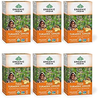 Organic India Tulsi Turmeric Ginger Herbal Tea - Stress Relieving & Harmonizing, Immune Support, Healthy Inflammatory Response, Aids Digestion, Vegan, Caffeine-Free - 18 Infusion Bags, 6 Pack