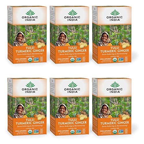 Organic India Tulsi Turmeric Ginger Herbal Tea - Stress Relieving & Harmonizing, Immune Support, Healthy Inflammatory Response, Aids Digestion, Vegan, Caffeine-Free - 18 Infusion Bags, 6 Pack