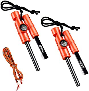 AOFAR Fire Starter AF-381 Fire Steel 5-in-1 for Camping, Hiking, Hunting, Backpacking, Boating, Outdoor Magnesium Survival Rod with Fire Paracord, Compass and Whistle, Waterproof (2-Pack)