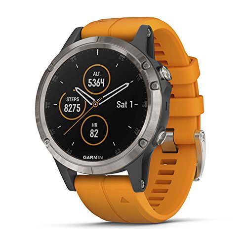 Garmin fenix 5 Plus, Premium Multisport GPS Smartwatch, Features Color Topo Maps, Heart Rate Monitoring, Music and Contactless Payment, Titanium with Orange Band