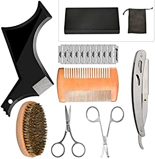 ZWIN Beard Grooming Kit for Men Beard Care Kit with Shaper, Straight Razor, Beard Brush, Mustache Scissors and Comb, Beard Styling Tool kit Mustache Shaping Gadget Kit for Men Dad Gift, With Box