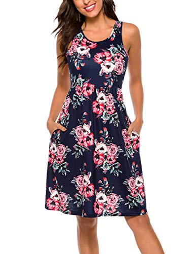 OURS Womens Spring Floral Sleeveless High Waist Bohemian Dresses XXL Navy Blue