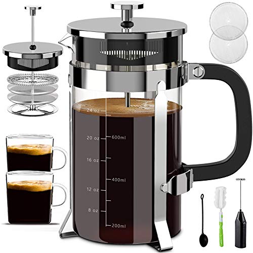 Upgraded French Press Coffee Maker Stainless Steel 34 oz, Coffee Press with Stainless Steel Stand Precise Scale Easy to Clean Durable Heat Resistant Glass Black/Copper/Silver