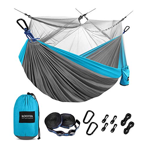 Kootek Camping Hammock with Mosquito Net Double & Single Portable Hammocks Parachute Lightweight Nylon with Tree Straps for Outdoor Adventures Backpacking Trips ( Grey & Sky Blue, Large)