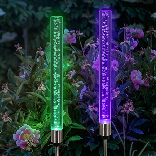 Exhart Solar Bubble Stake Lights, 2 Pack Acrylic Tube Light, RGB Color Changing Solar Garden Decor for Pathway, Patio, Yard, Driveway, Events & More (1 W Bubble Light 10