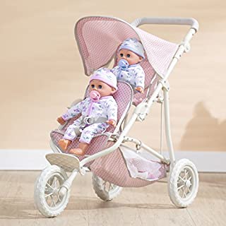 Olivia's Little World - Polka Dots Princess Baby Doll Twin Jogging Stroller, Foldable Double Stroller with Storage Basket and Safety Lock, Pink/Gray