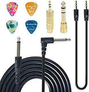 SUNYIN Electric Guitar Cable,Guitar Amp Cord 10-Feet Electric Instrument Cable Straight to Right Angle for Musical Instruments to Amp,Gold Plated 3.5mm&6.5mm Stereo Adapter,Audio Cable(Black),4 Picks