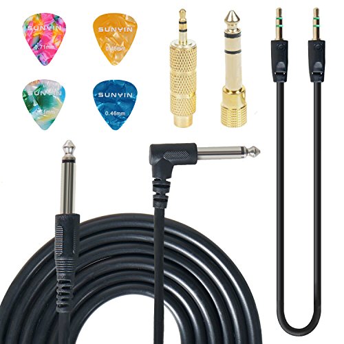 SUNYIN Electric Guitar Cable,Guitar Amp Cord 10-Feet Electric Instrument Cable Straight to Right Angle for Musical Instruments to Amp,Gold Plated 3.5mm&6.5mm Stereo Adapter,Audio Cable(Black),4 Picks