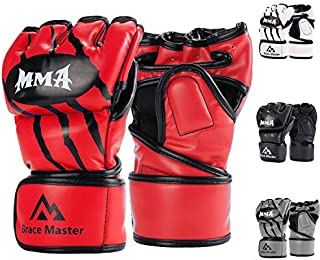 Brace Master MMA Gloves UFC Gloves Boxing Gloves for Men Women Leather More Paddding Fingerless Punching Bag Gloves for Kickboxing, Sparring, Muay Thai and Heavy Bag (Red, Large)