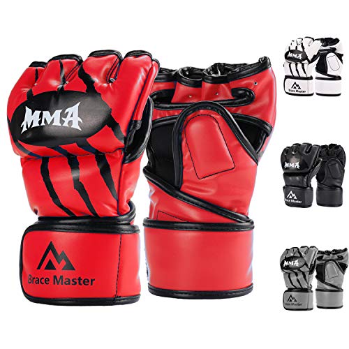 Brace Master MMA Gloves UFC Gloves Boxing Gloves for Men Women Leather More Paddding Fingerless Punching Bag Gloves for Kickboxing, Sparring, Muay Thai and Heavy Bag (Red, Large)