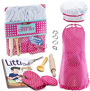 JaxoJoy Complete Kids Cooking and Baking Set - 11 Pcs Includes Apron for Little Girls, Chef Hat, Mitt & Utensil for Toddler Dress Up Chef Costume Career Role Play for 3 Year Old Girls and Up