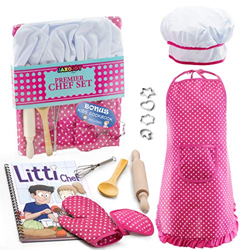 JaxoJoy Complete Kids Cooking and Baking Set - 11 Pcs Includes Apron for Little Girls, Chef Hat, Mitt & Utensil for Toddler Dress Up Chef Costume Career Role Play for 3 Year Old Girls and Up