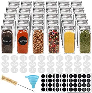 CUCUMI 30pcs 4oz Glass Spice Jars Square Glass Bottles with 30pcs Shaker Lids 1pcs Silicone Collapsible Funnel 200pcs Blank Round Waterproof Labels 1pcs Test Tube Brush