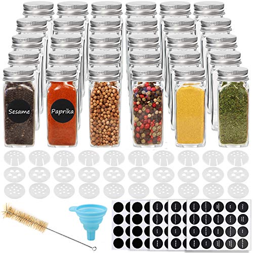 CUCUMI 30pcs 4oz Glass Spice Jars Square Glass Bottles with 30pcs Shaker Lids 1pcs Silicone Collapsible Funnel 200pcs Blank Round Waterproof Labels 1pcs Test Tube Brush