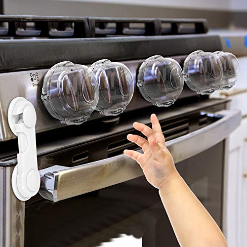 Stove Knob Covers for Child Safety (5 + 1 Pack) Double-Key Design and Upgraded Universal Size Gas Knob Covers Clear View Childproof Oven Knob Covers for Kids, Babies