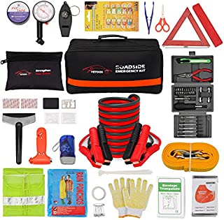 Vetoos Roadside Emergency Car Kit with Jumper Cables, Auto Vehicle Safety Road Side Assistance Kits, Winter Car Kit for Women and Men, with Mini Car Tool Set, Dial Tire Pressure Gauge