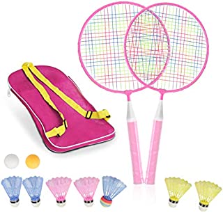 STSTECH Badminton Rackets for Children,12 in 1 Shuttlecocks Racquet Sports Set w/Lightweight Carrying Bag for Kids Professionals Beginner Players Indoor Outdoor Sport Game (Pink)