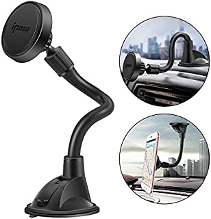 IPOW Long Arm Universal Magnetic Cradle Windshield Dashboard Cell Phone Mount Holder with 4 Metal Plates, Soft Firm Goose Arm and Enhanced Suction Cup