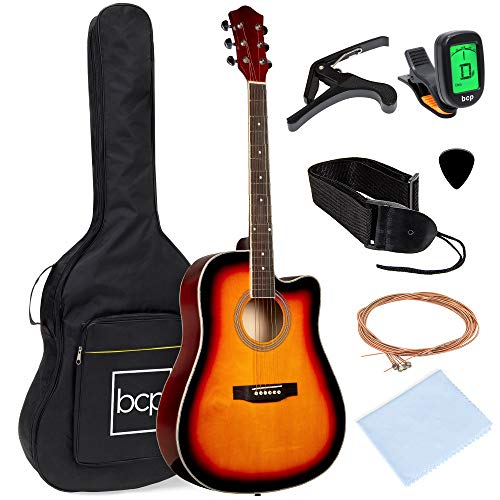 Best Choice Products 41in Full Size Beginner All Wood Cutaway Acoustic Guitar Starter Set with Case, Strap, Capo, Strings, Picks, Tuner - Sunburst