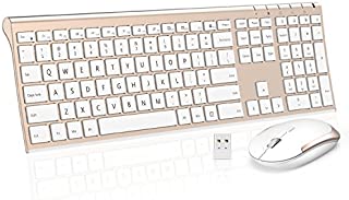 Wireless Keyboard Mouse, Jelly Comb 2.4GHz Ultra Slim Full Size Rechargeable Wireless Keyboard and Mouse Combo for Windows, Laptop, Notebook, PC, Desktop, Computer (White and Gold)