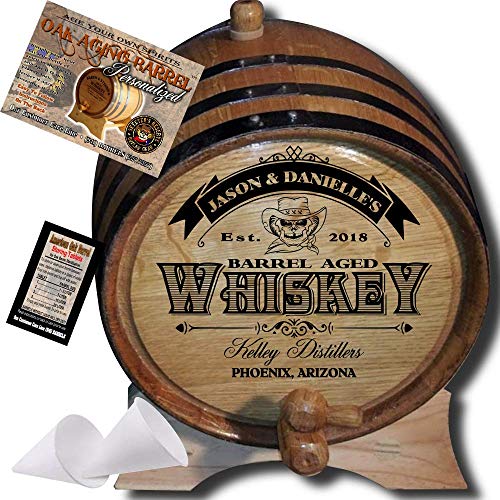 Personalized American Oak Whiskey Aging Barrel (103) - Custom Engraved Barrel From Skeeter's Reserve Outlaw Gear - MADE BY American Oak Barrel - (Natural Oak, Black Hoops, 2 Liter)