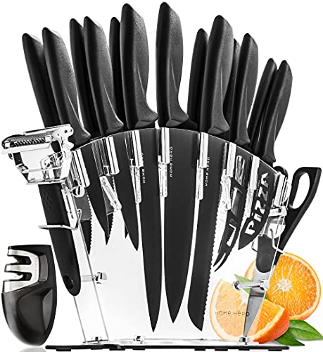 Home Hero 17 Pieces Kitchen Knives Set, 13 Stainless Steel Knives + Acrylic Stand, Scissors, Peeler and Knife Sharpener