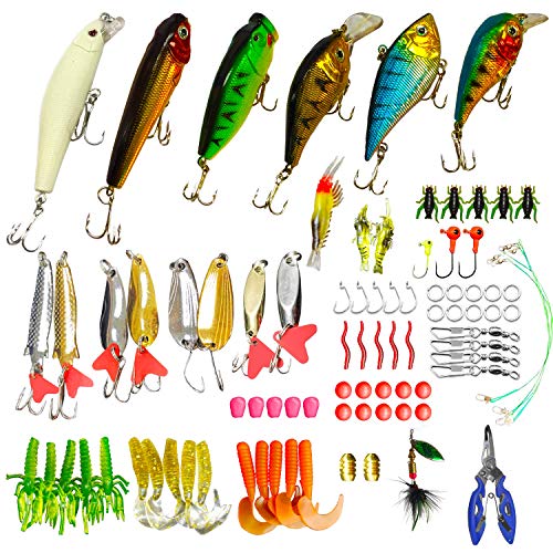 WDG 85Pcs Fishing Lures Kit, Bass Trout Fishing Baits Accessories Including Lures Hook, Plastic Worms, CrankBait, Topwater Lures, Fishing Pliers Scissors