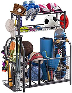 Garage Sports Equipment Storage Organizer with Baskets and Hooks - Easy to Assemble - Sports Ball Gear Rack Holds Basketballs, Baseball Bats, Footballs, Tennis Rackets and More (King)