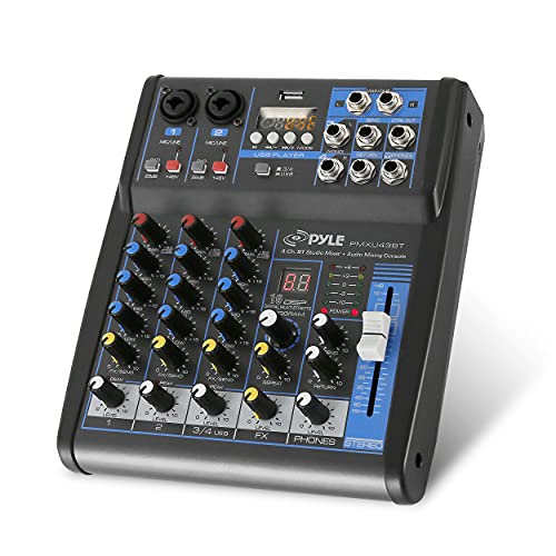 Pyle Professional Audio Mixer Sound Board Console System Interface 4 Channel Digital USB Bluetooth MP3 Computer Input 48V Phantom Power Stereo DJ Studio Streaming FX 16-Bit DSP processor-PMXU43BT