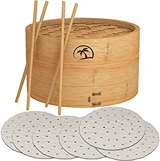 DEALZNDEALZ 3-Piece Bamboo Steamer Basket with Lid 10-inch 2-Tier, 50 Perforated Bamboo Steamer Liners with 2-Pairs of Bamboo Chopsticks