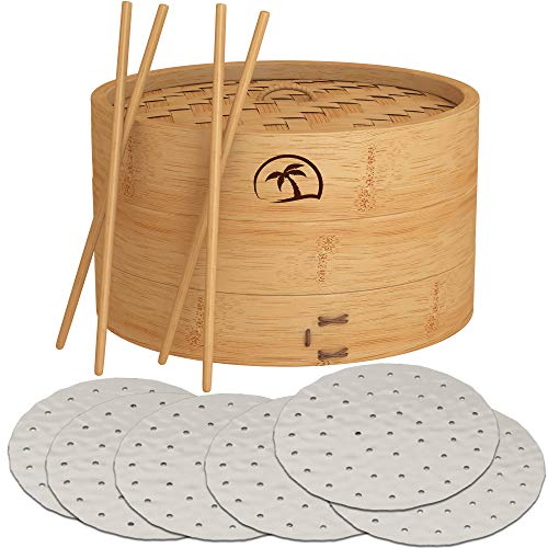 DEALZNDEALZ 3-Piece Bamboo Steamer Basket with Lid 10-inch 2-Tier, 50 Perforated Bamboo Steamer Liners with 2-Pairs of Bamboo Chopsticks