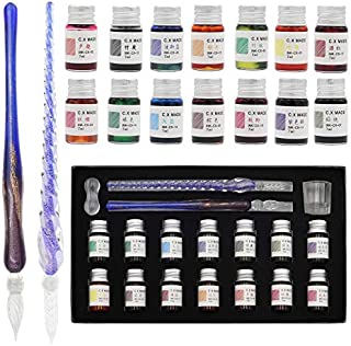 AXEARTE Glass Dip Pen Set, 18-Pieces Calligraphy Pens Set - 14 Color Inks, Pen Holder, Cleaning Cup, 2 Crystal Glass Pens for Art, Writing, Drawing, Signatures, Gift for Kids and Artist