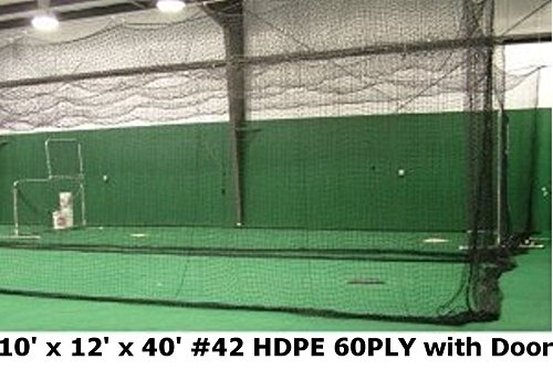 Jones Sports Batting Cage Net 10' H x 12' W x 40' L #42 HDPE (60PLY) with Door Heavy Duty Baseball