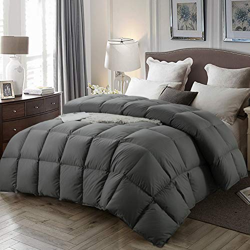 HOMBYS Luxury Goose Down Comforter King 106x90 All Season Duvet Insert Grey Hypo-allergenic Goose Feather 100% Cotton Cover Down Proof with 8 Tabs 64oz Medium Warmth