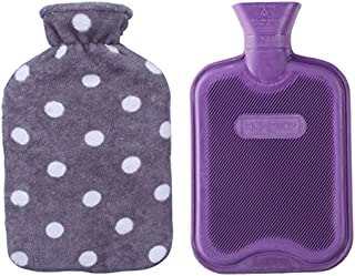 HomeTop Premium Classic Rubber Hot or Cold Water Bottle with Soft Fleece Cover (2 Liters, Purple/Gray Polka Dot)