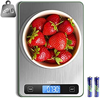 LEVIN Food Scale, 33lb Digital Kitchen Scale with 1g/0.05oz Precise Graduation, 5 Units LCD Display Scale for Cooking/Baking in KG, G, oz, ml, and lb, Easy Clean Stainless Steel and Tempered Glass