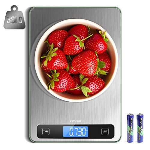 LEVIN Food Scale, 33lb Digital Kitchen Scale with 1g/0.05oz Precise Graduation, 5 Units LCD Display Scale for Cooking/Baking in KG, G, oz, ml, and lb, Easy Clean Stainless Steel and Tempered Glass