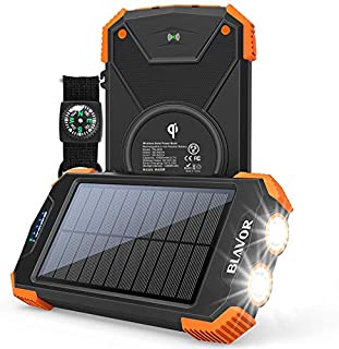 Solar Power Bank, Qi Portable Charger 10,000mAh External Battery Pack Type C Input Port Dual Flashlight, Compass, Solar Panel Charging (Orange)