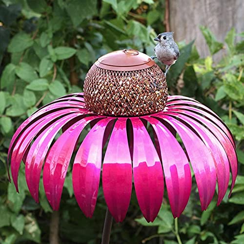 Sensation Pink Coneflower Bird Feeder, Standing Bird Feeder,Backyard Flower Pole Bird Feeder,Outside Rust Resistant Garden Art Metal Birdfeeder with Stand,Garden Decoration