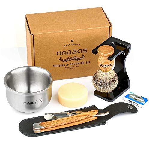 Anbbas Shaving Set with Badger Brush,Stand and Bowl,Shaving Soap,Straight Razor with Bag,10pcs Blades,Shaving Kit for Men